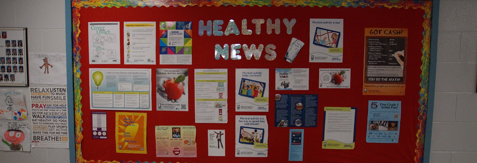 Healthy News bulletin board with various posters about mental health
